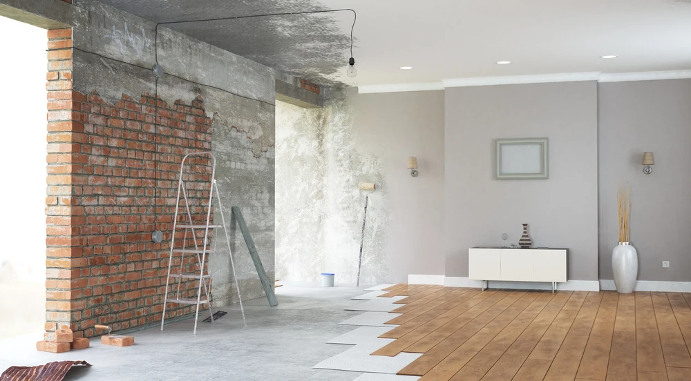 Illustration of a renovated kitchen interior with new cabinets